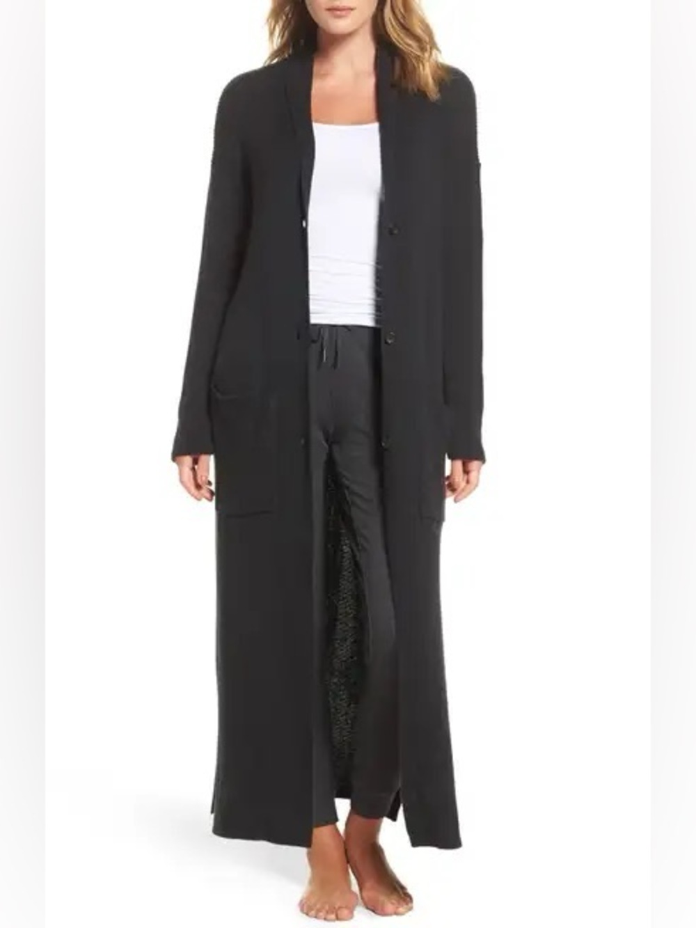 UGG Maxi Boyfriend Cardigan Longline Duster w Buttons & Pockets M Black